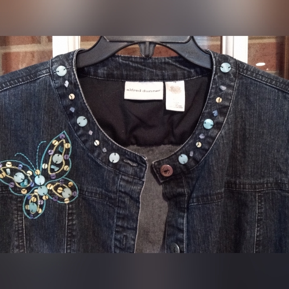 Alfred Dunner Blue Jean Jacket with 3/4 sleeve size 16 embroidered butterflies - Picture 6 of 11